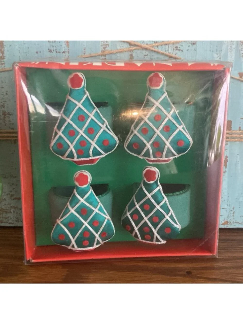 Vintage Christmas Tree Napkin Rings Green Red Satin Set Of 4 New